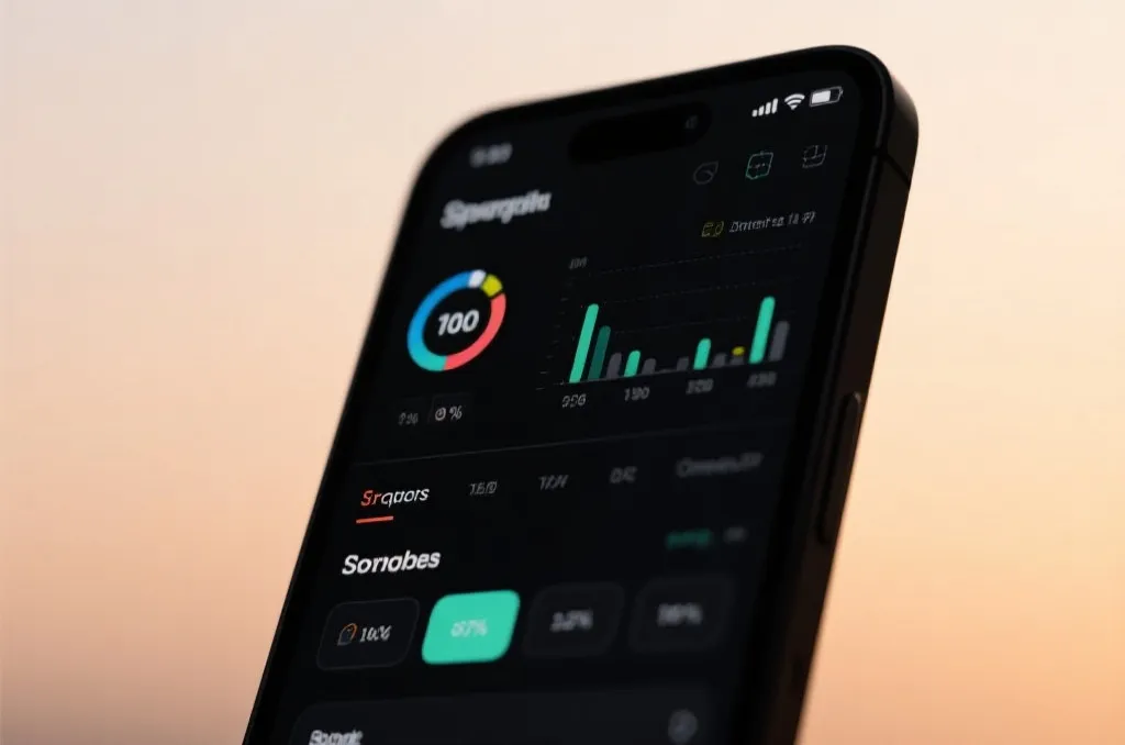 A high-tech smartphone displaying a sleek, modern sports statistics application interface, vibrant UI, dark mode background, cinematic lighting